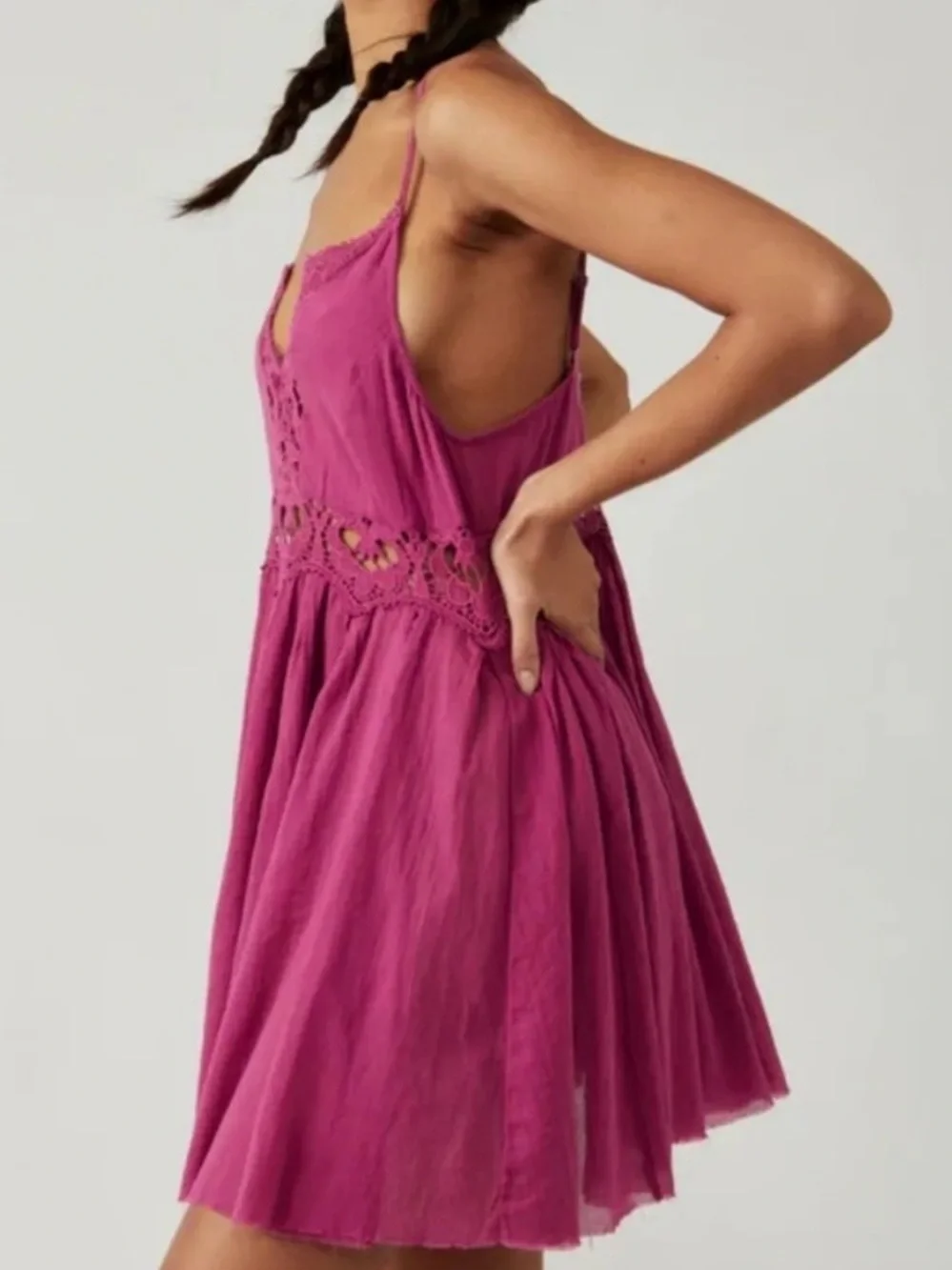 Free People Ilektra Lace Accent Cotton Slip Dress – Dahlia Mauve - Picture 4 of 15